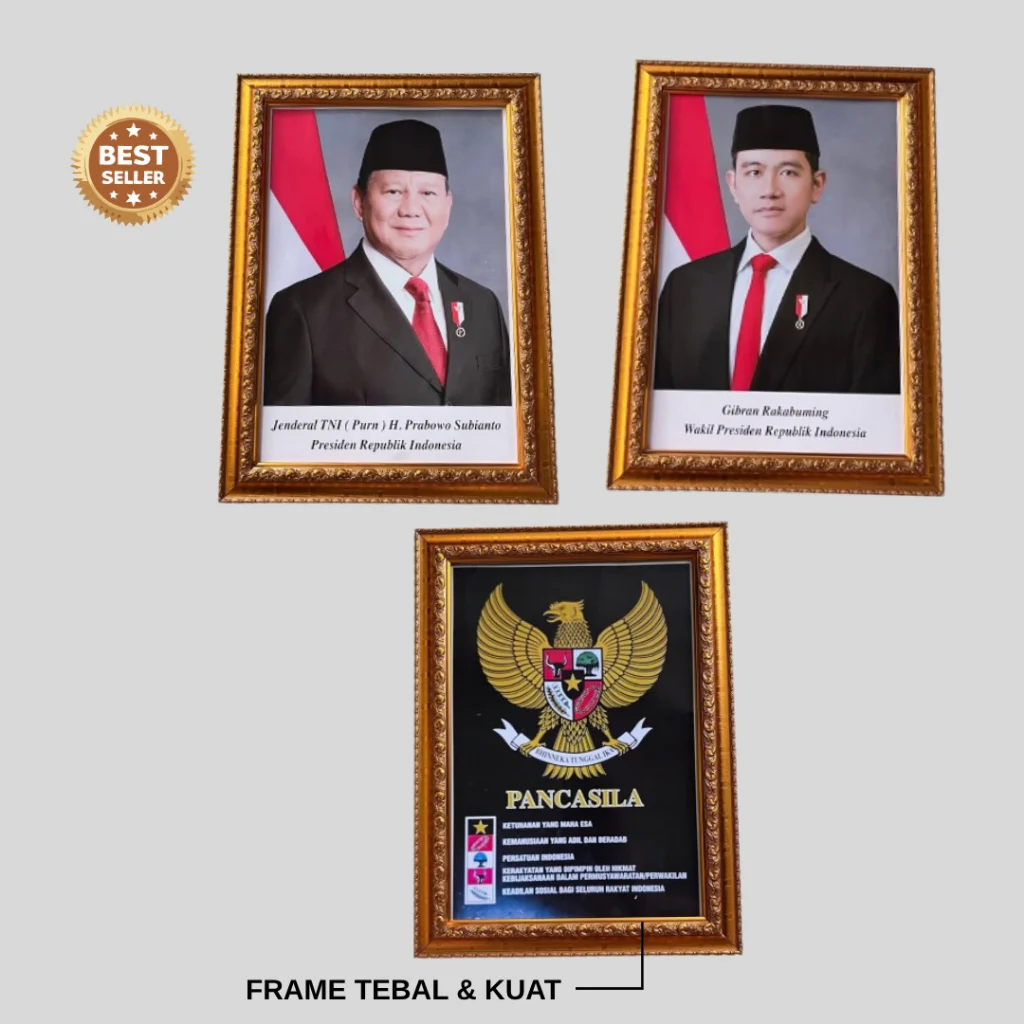 Set Bingkai Foto Presiden + Wakil + Pancasila Ukuran A4 – Kualitas Premium